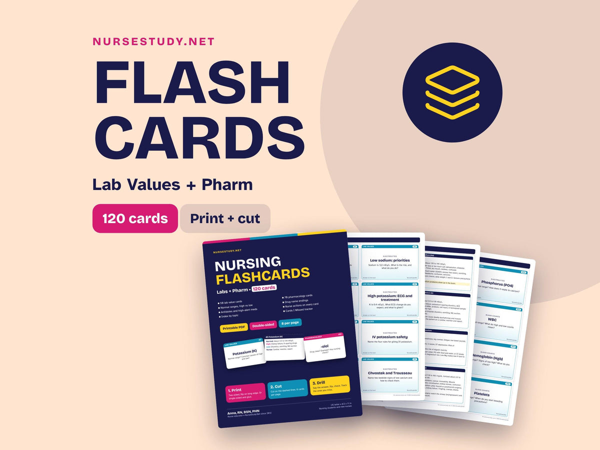 Nursing Flashcards Printable | Lab Values and Pharmacology Flash Cards PDF | NCLEX Study Cards | Nursing Student Study G