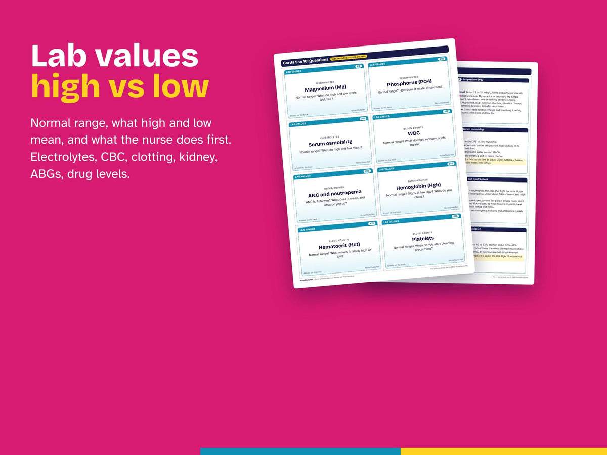 Nursing Flashcards Printable | Lab Values and Pharmacology Flash Cards PDF | NCLEX Study Cards | Nursing Student Study Guide