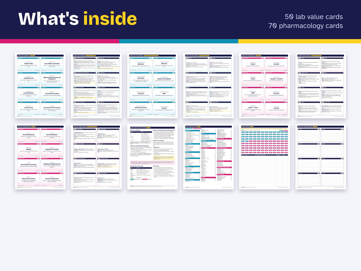 Nursing Flashcards Printable | Lab Values and Pharmacology Flash Cards PDF | NCLEX Study Cards | Nursing Student Study Guide