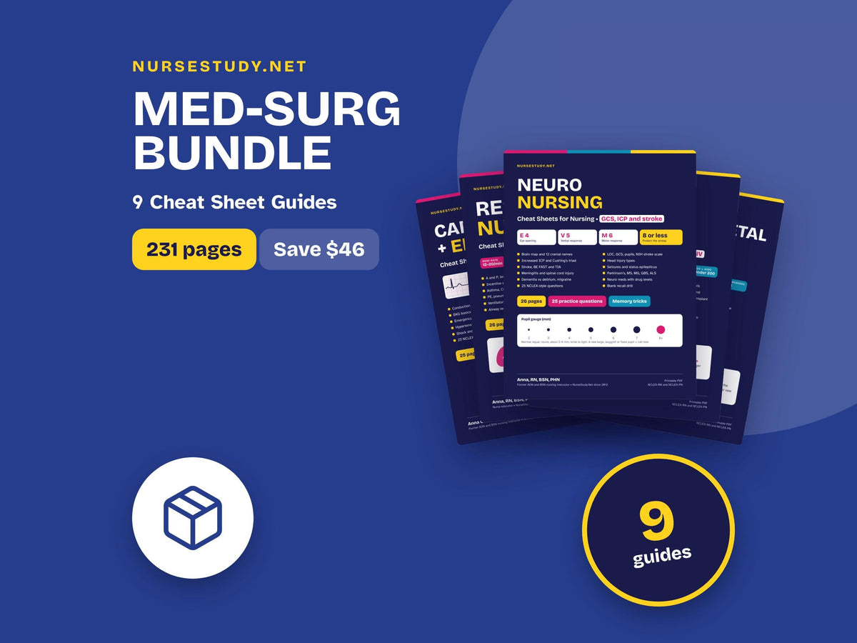 Med Surg Cheat Sheets Bundle PDF | Cardiac, EKG, Respiratory, Neuro, Endocrine, GI, Renal, Heme, Ortho, Skin | Nursing S