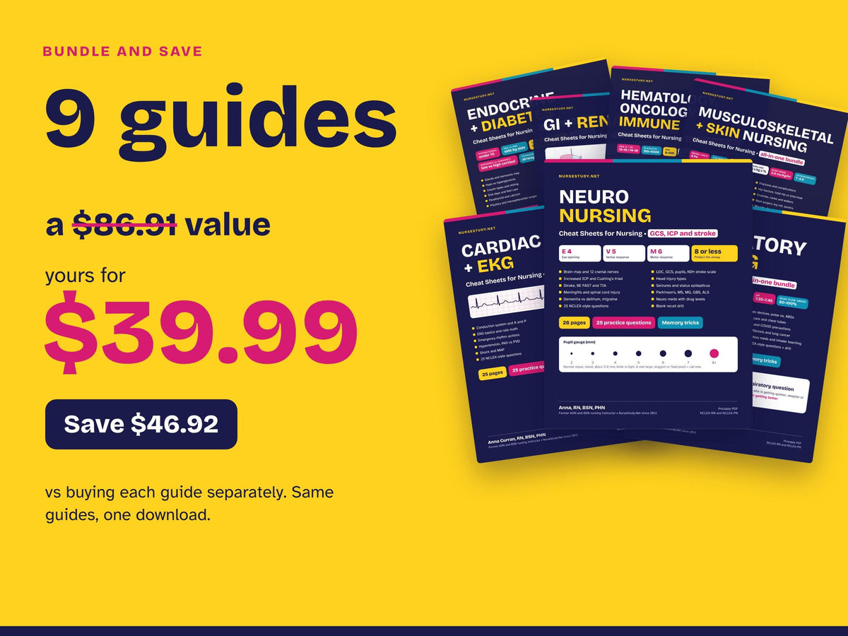 Med Surg Cheat Sheets Bundle PDF | Cardiac, EKG, Respiratory, Neuro, Endocrine, GI, Renal, Heme, Ortho, Skin | Nursing Study Guide