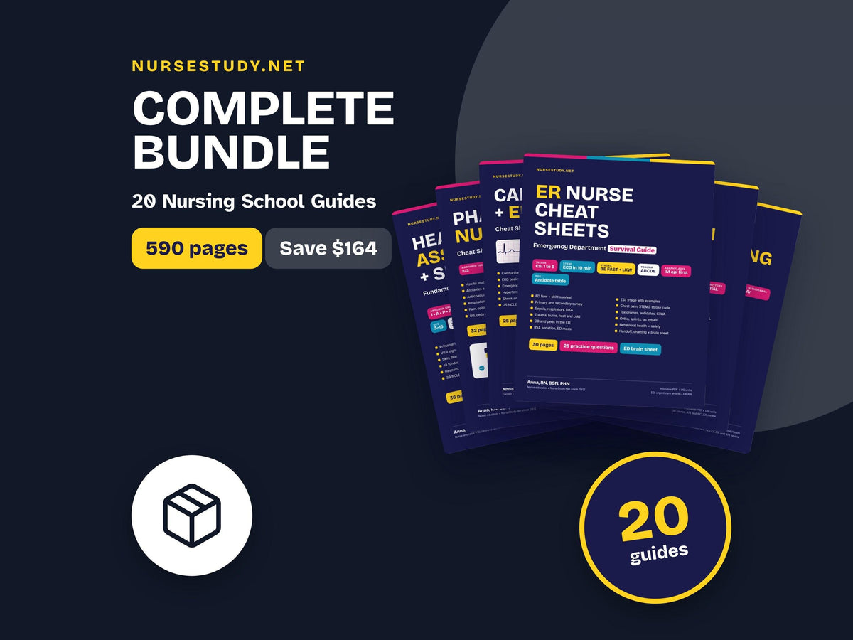 Nursing School Study Guide Bundle PDF | 20 Printable Cheat Sheets and Guides | Med-Surg, Pharm, Labs, OB, Peds, Psych | 