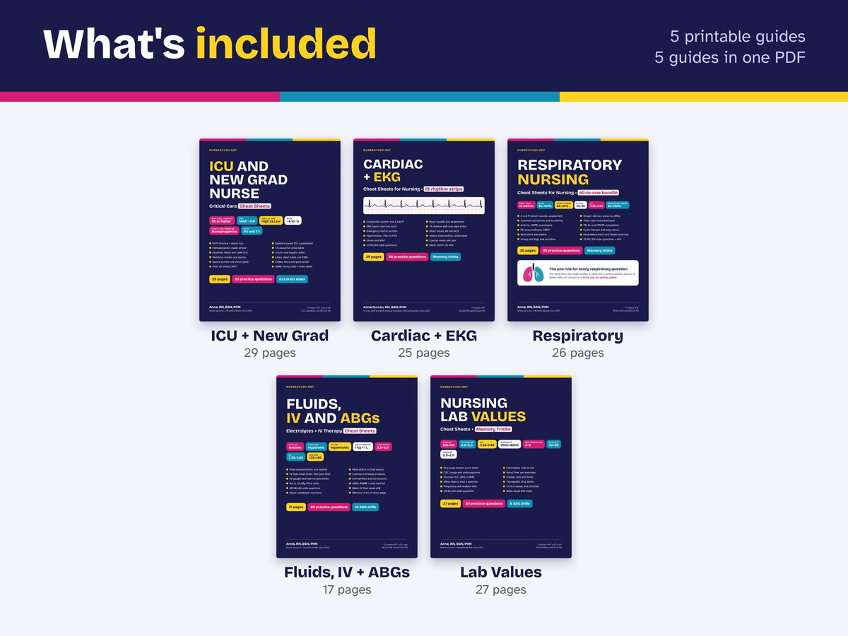 ICU Nurse Bundle PDF | Critical Care, Cardiac EKG, Respiratory, Vents, Fluids, ABGs, Lab Values | Hyperlinked Nursing Cheat Sheets