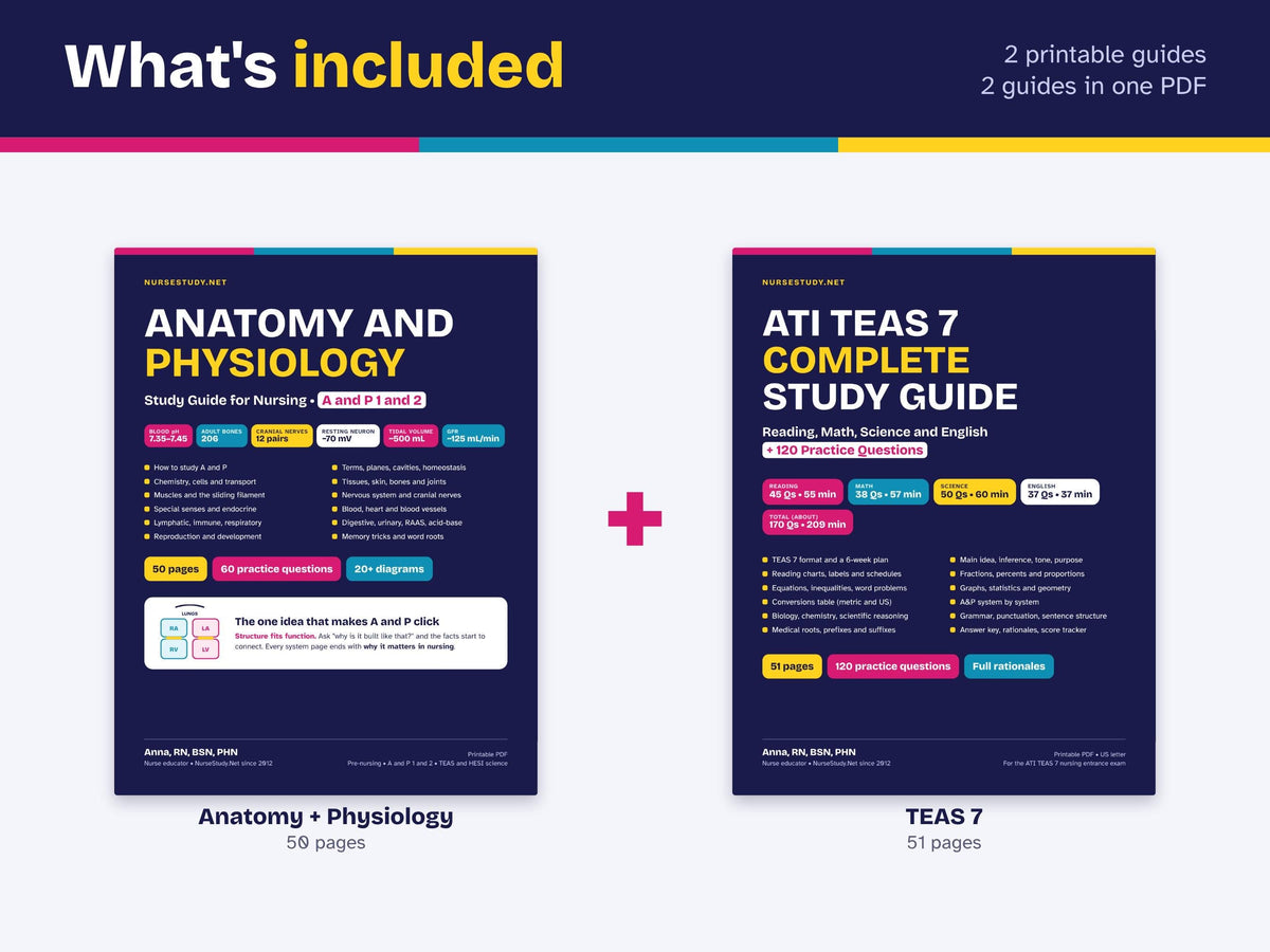 Anatomy and Physiology + TEAS 7 Bundle PDF | A and P Study Guide, Complete Entrance Exam Study Guide, Practice Questions | Pre Nursing
