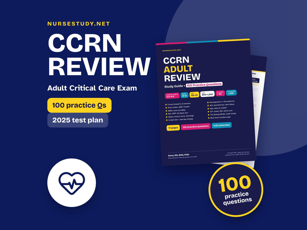 CCRN Adult Review Study Guide PDF | 100 Practice Questions | Hemodynamics, Synergy Model | Critical Care ICU Nurse Print