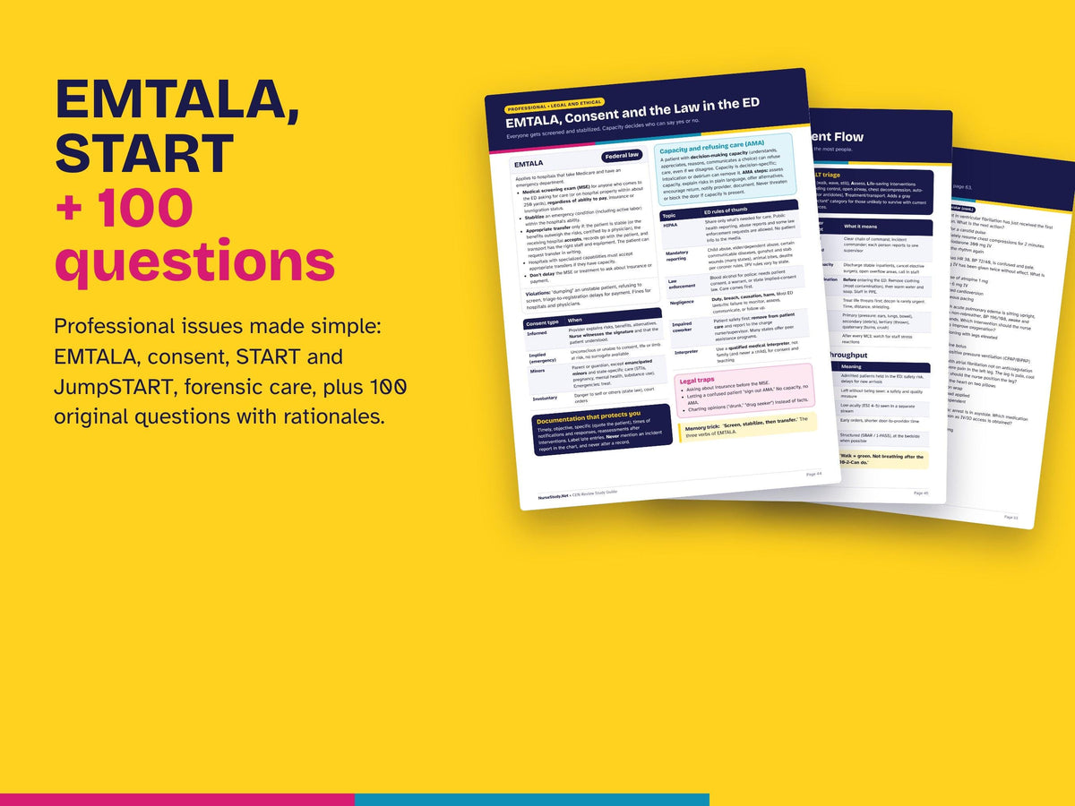 CEN Review Study Guide PDF | 100 Practice Questions | Triage, Trauma, Toxicology | Emergency Nurse ER Certification Exam Printable