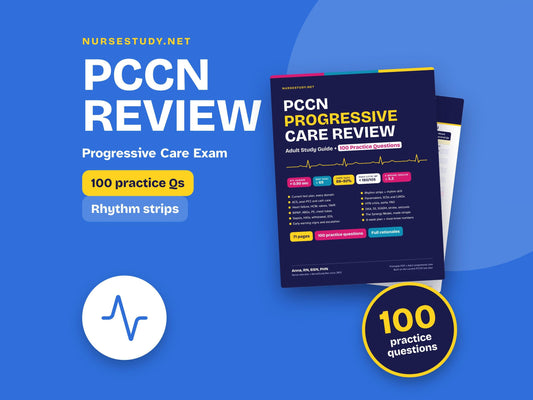 PCCN Adult Review Study Guide PDF | 100 Practice Questions | Rhythm Strips, Synergy Model | Progressive Care Step Down N