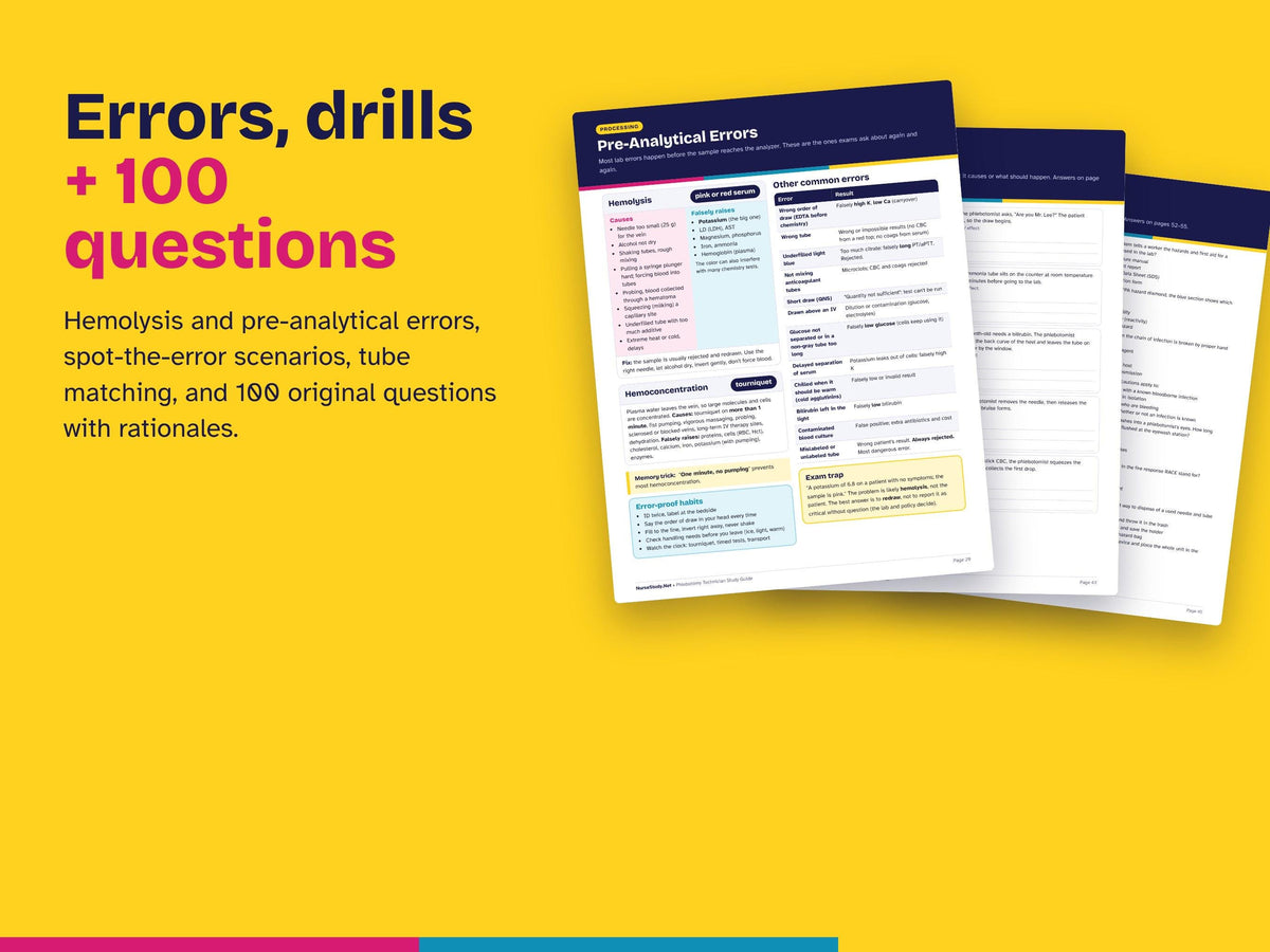 Phlebotomy Study Guide PDF | NHA CPT Phlebotomy Exam Review | Order of Draw, Tube Colors | 100 Practice Questions | Printable Notes