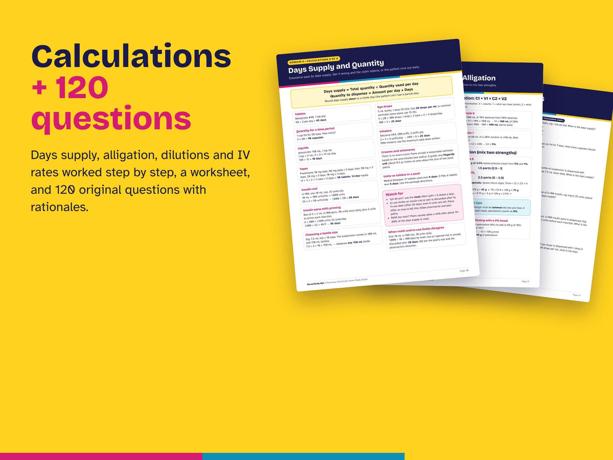 Pharmacy Technician Study Guide PDF | PTCB PTCE and ExCPT Exam Review | Top 200 Drugs, Pharmacy Law, Calculations | 120 Practice Questions