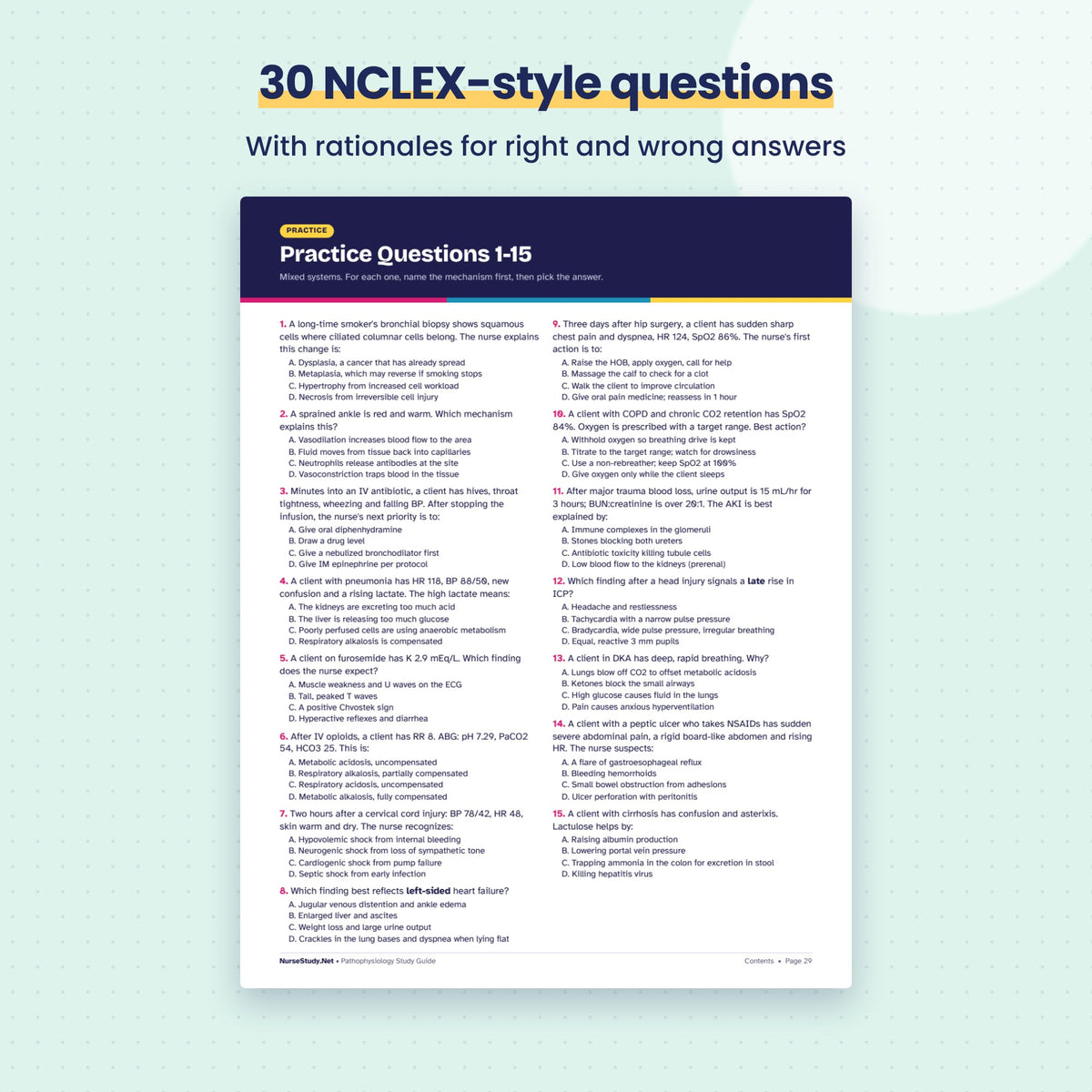 Pathophysiology Study Guide PDF | Nursing Patho Notes, Cause Signs Priority | 30 NCLEX Questions | Hyperlinked Printable Nursing Student