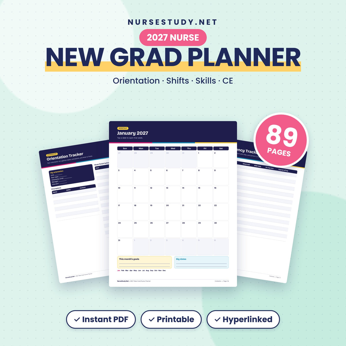 2027 New Grad Nurse Planner | Hyperlinked Digital and Printable PDF | Orientation Tracker, Shift Report Sheets, CE Log | GoodNotes