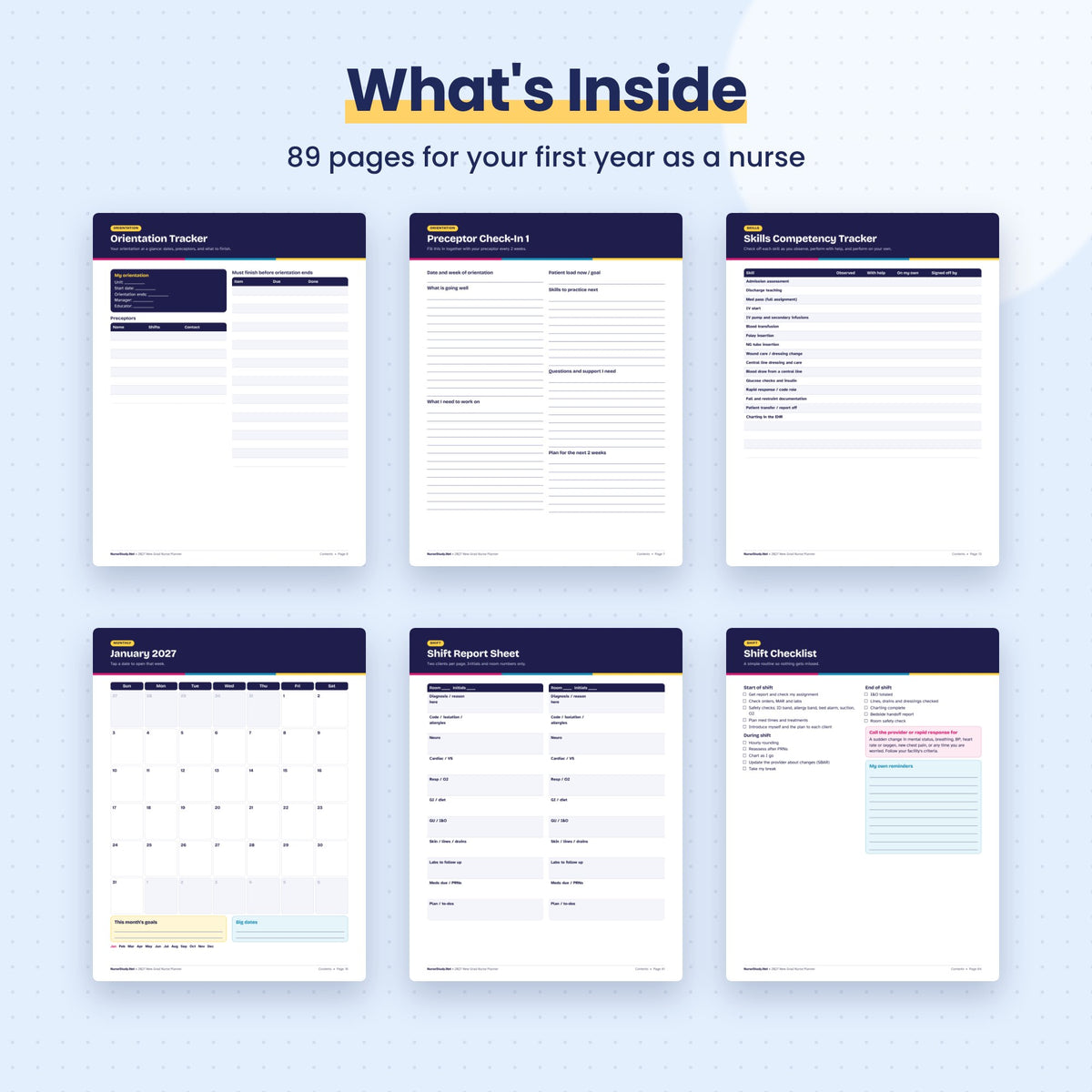 2027 New Grad Nurse Planner | Hyperlinked Digital and Printable PDF | Orientation Tracker, Shift Report Sheets, CE Log | GoodNotes