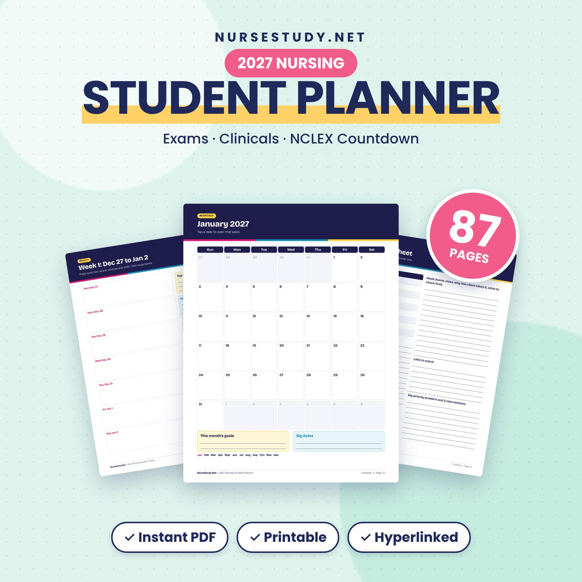 2027 Nursing Student Planner | Hyperlinked Digital and Printable PDF | Clinical Prep, Exam Tracker, NCLEX Countdown | GoodNotes Planner