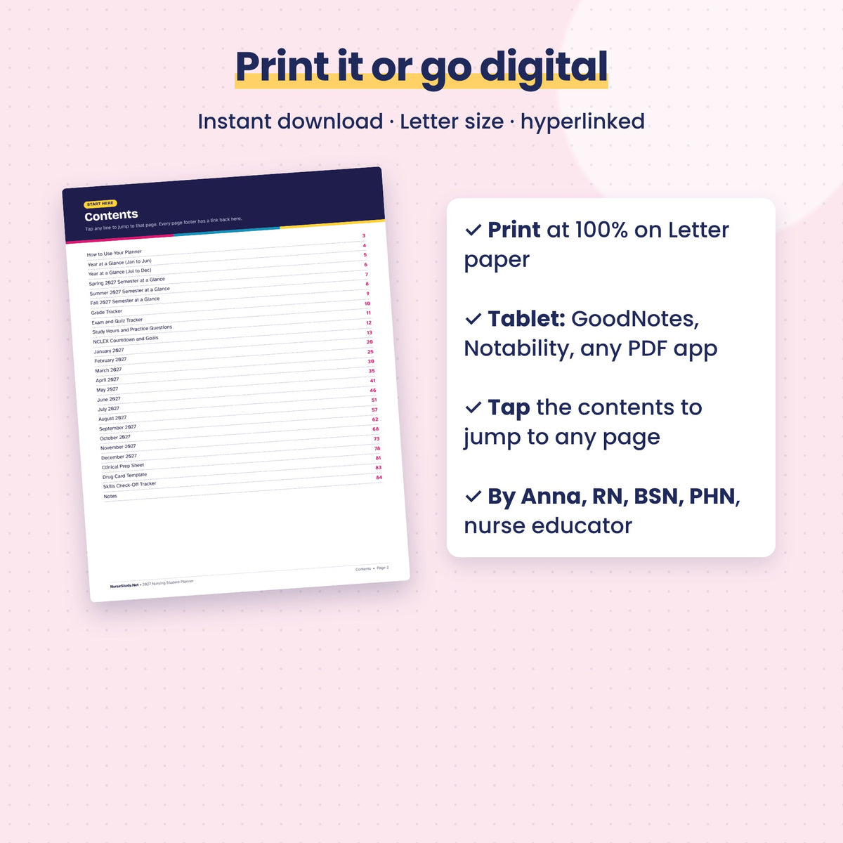 2027 Nursing Student Planner | Hyperlinked Digital and Printable PDF | Clinical Prep, Exam Tracker, NCLEX Countdown | GoodNotes Planner